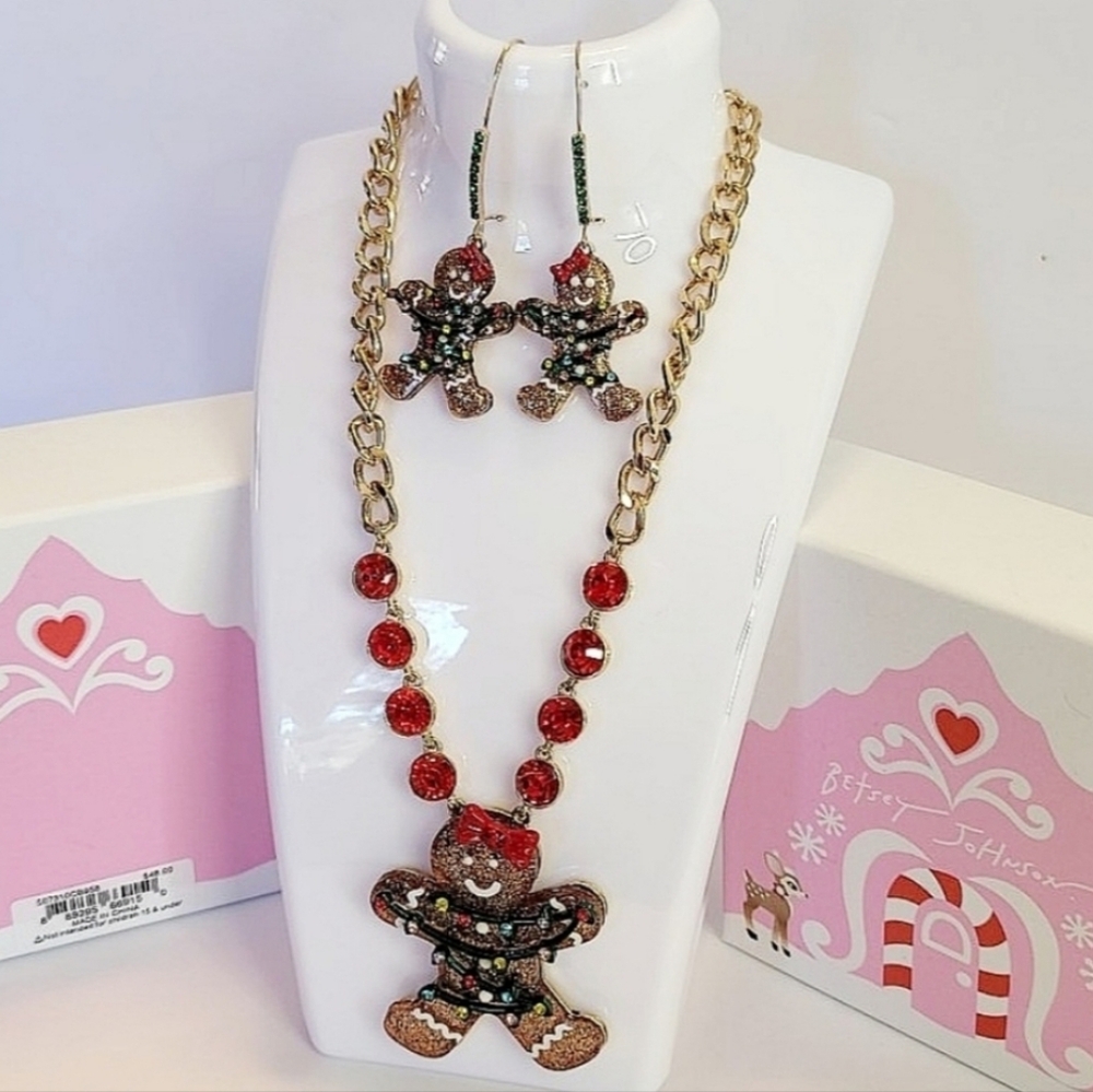Betsey Johnson Gingerbread Girl Necklace & Earrings w/ red & green rhinestones